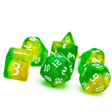 Load image into Gallery viewer, Glitter Nebula Green &amp; Yellow Dice Set for Dungeons &amp; Dragons
