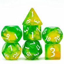 Load image into Gallery viewer, Glitter Nebula Green &amp; Yellow Dice Set for Dungeons &amp; Dragons
