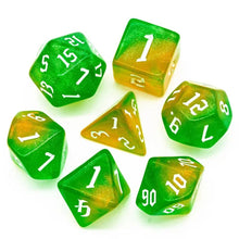 Load image into Gallery viewer, Glitter Nebula Green &amp; Yellow Dice Set for Dungeons &amp; Dragons
